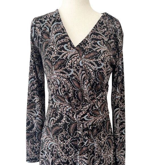 Talbots StretchyV Neck Long Sleeve Midi Dress Black, Brown, Blue Paisley - Picture 2 of 7